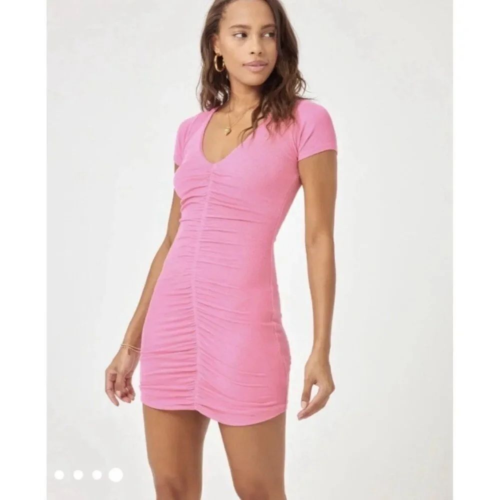 lspace New Lani Solid pink v neck ribbed Ruched short sleeve mini dress Xs